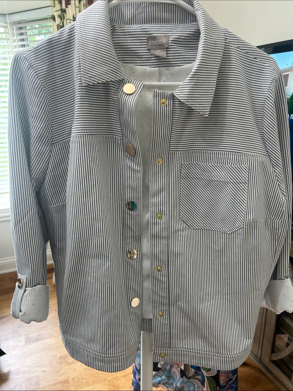 Chico's Black and White Striped Shirt-Style Jacket